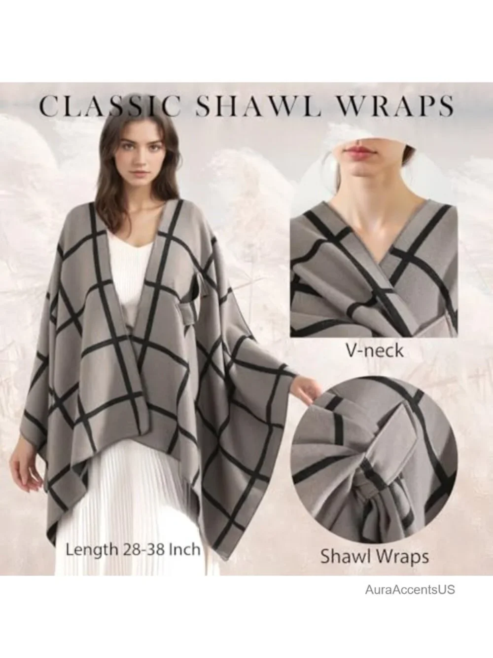 Faux Cashmere Shawl Wrap Open Front Poncho Reversible Check One Size